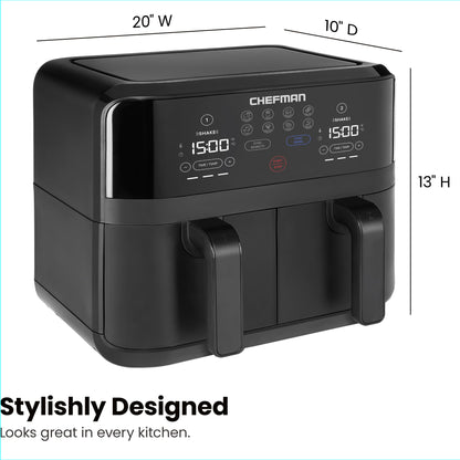 Chefman TurboFry 9-Qt. Dual-Basket Air Fryer with Sync Finish, One-Touch Digital Control, & Shake Reminder for Quick, Healthy, Family-Sized Meals, Black Chefman