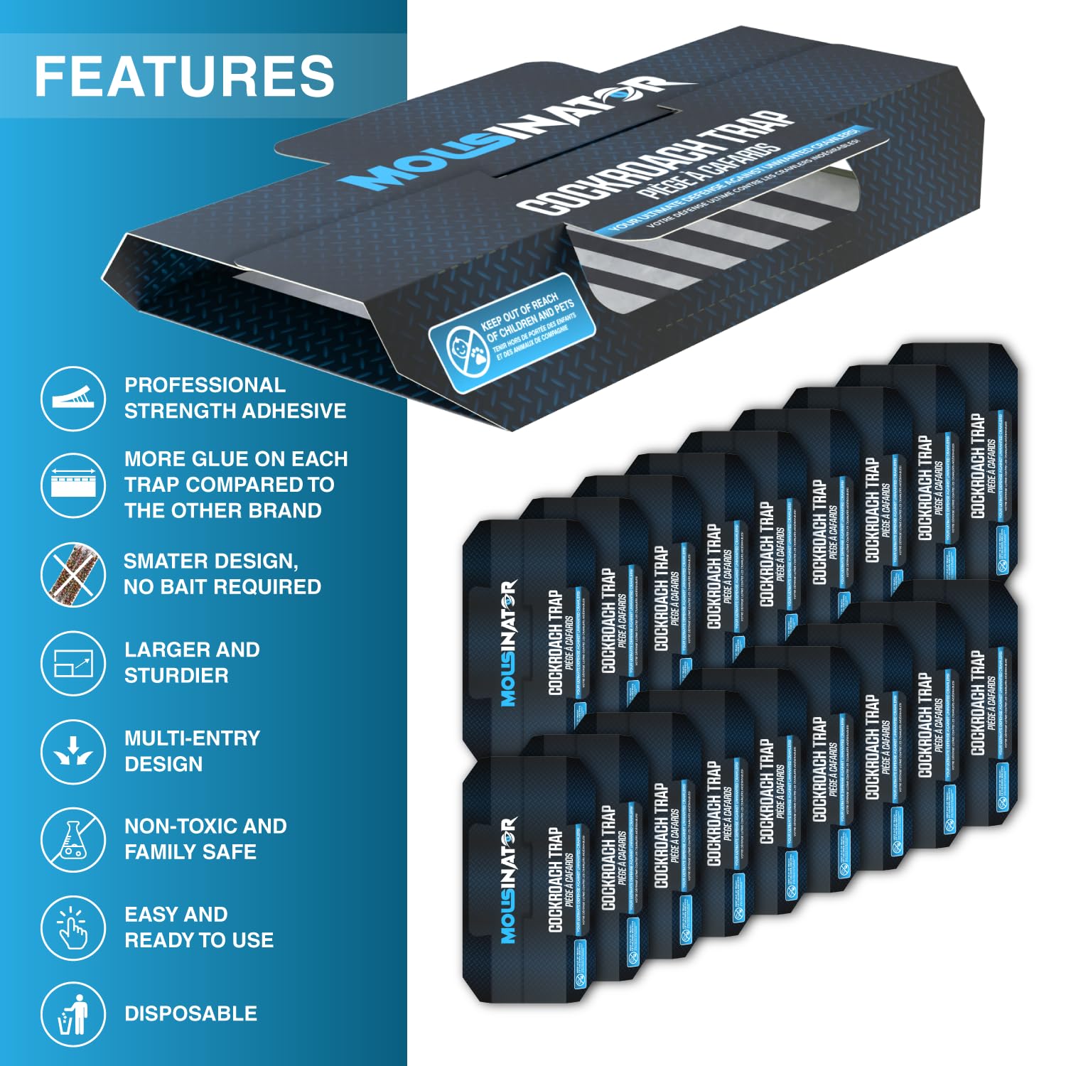 MOUSINATOR Cockroach Traps, 18-Pack, Larger and Multi-Entry Design with Extra-Strong Adhesive, Sticky Glue Cockroach Trap for Indoor Use, Family-Safe, Easy and Ready-to-Use - Available at All In One Marketplace Canada