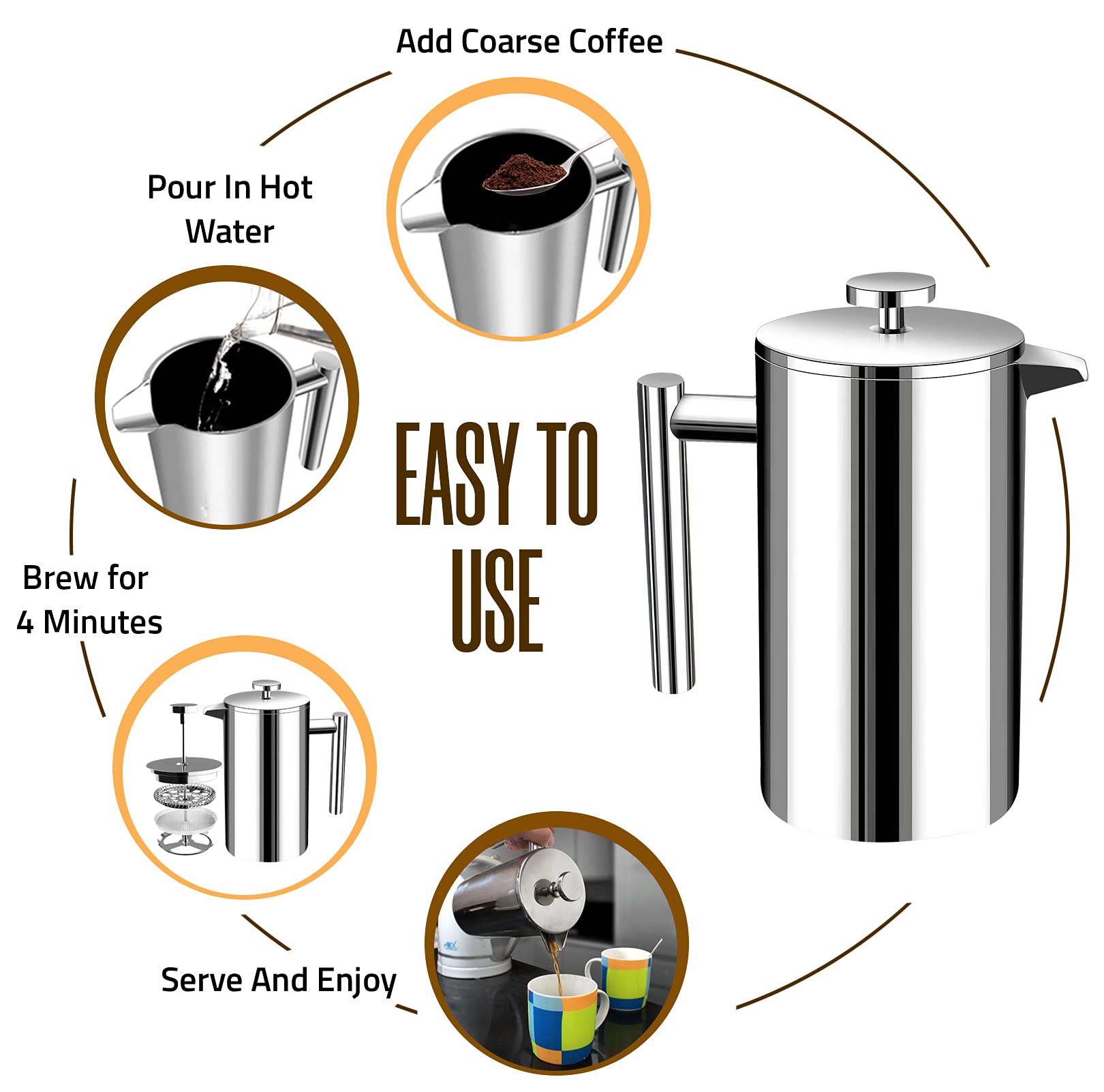 KICHLY 34 OZ French Press, Stainless Steel Double Walled Insulated Coffee Press with Refined Filters, Espresso and Tea Maker - Silver - Available at All In One Marketplace Canada