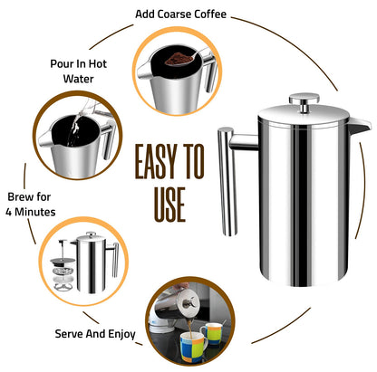 KICHLY 34 OZ French Press, Stainless Steel Double Walled Insulated Coffee Press with Refined Filters, Espresso and Tea Maker - Silver - Available at All In One Marketplace Canada