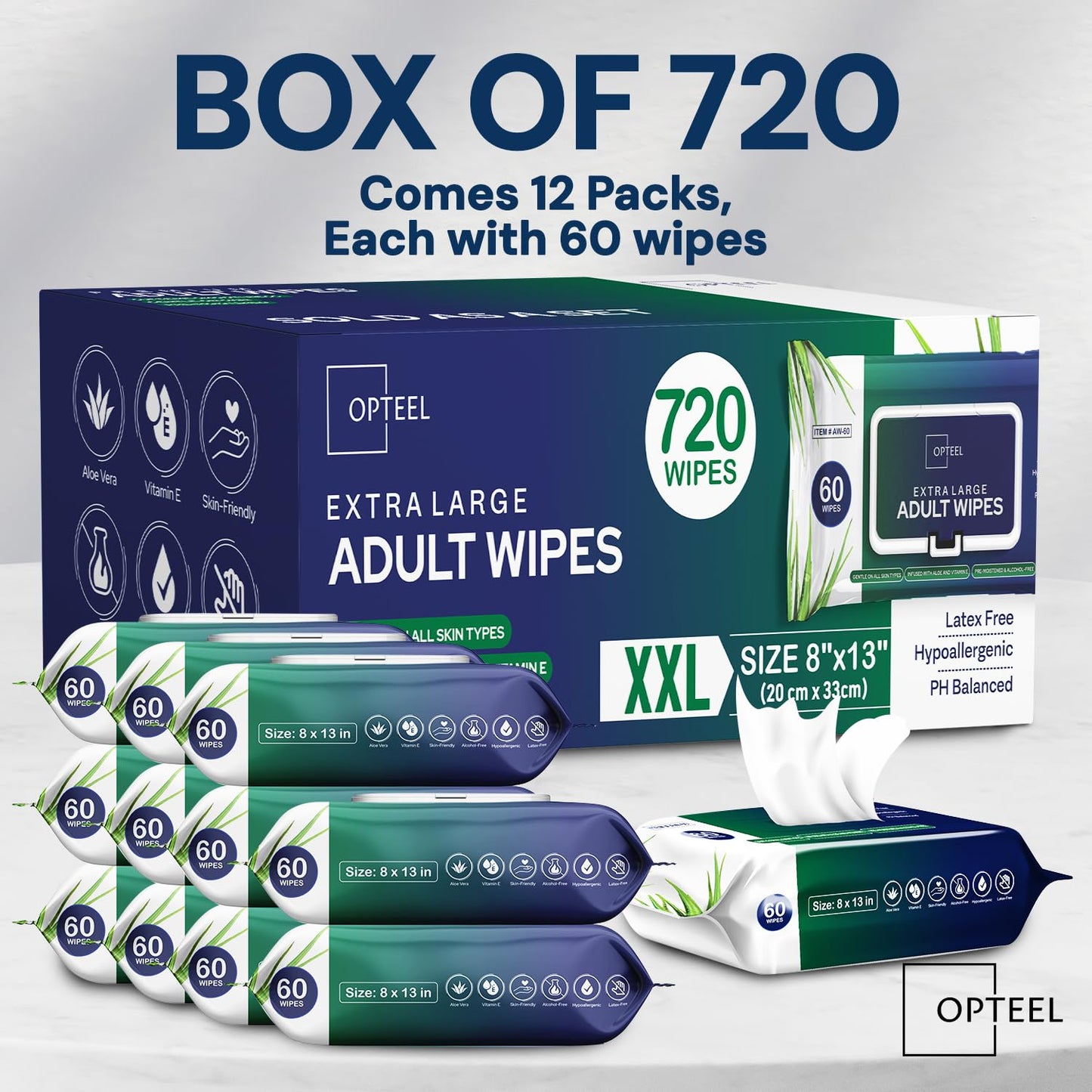 Adult Wipes For Elderly - 8"x13" 720ct (12 Packs of 60) Huge & Soft Non-Flushable Body Wipes for Adults Bathing No-Rinse - Incontinence Disposable Washcloths, Vitamin E & Aloe Infused - Available at All In One Marketplace Canada