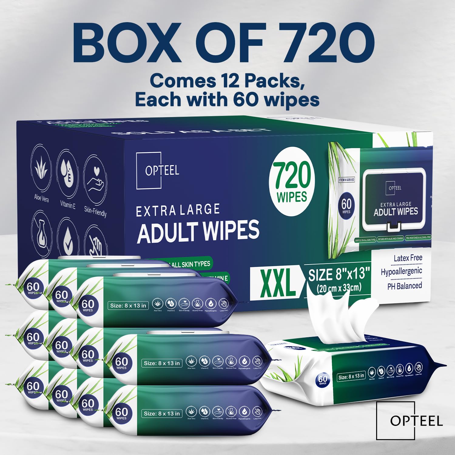 Adult Wipes For Elderly - 8"x13" 720ct (12 Packs of 60) Huge & Soft Non-Flushable Body Wipes for Adults Bathing No-Rinse - Incontinence Disposable Washcloths, Vitamin E & Aloe Infused - Available at All In One Marketplace Canada