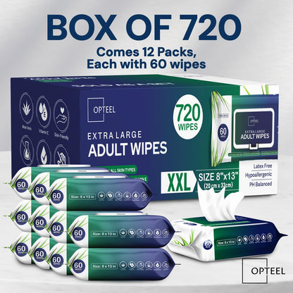 Adult Wipes For Elderly - 8"x13" 720ct (12 Packs of 60) Huge & Soft Non-Flushable Body Wipes for Adults Bathing No-Rinse - Incontinence Disposable Washcloths, Vitamin E & Aloe Infused - Available at All In One Marketplace Canada