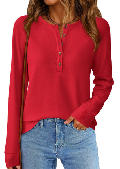 PRETTYGARDEN Women Long Sleeve Waffle Knit Shirt 2026 Spring Casual Button V Neck Loose Henley Tops Basic Tees Winter Clothes(Red,Large) 🍁 All In One Marketplace Canada