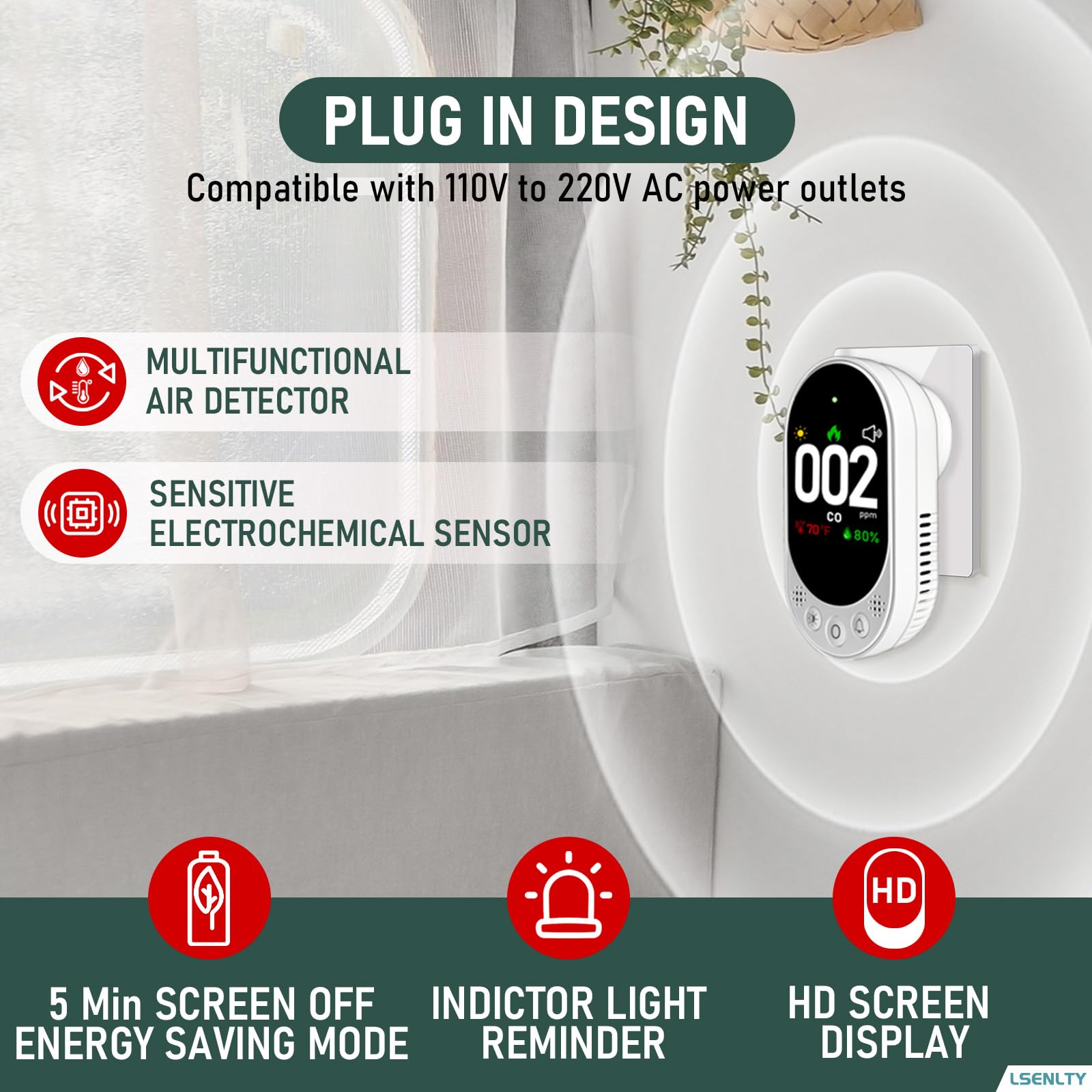 LSENLTY Carbon Monoxide Detector Plug in, Portable CO Monitor for Travel, Air Quality Detector Check CO, Temp and Humidity, HD Screen&Indicator, Visual&Audible Alert for Camping Travel