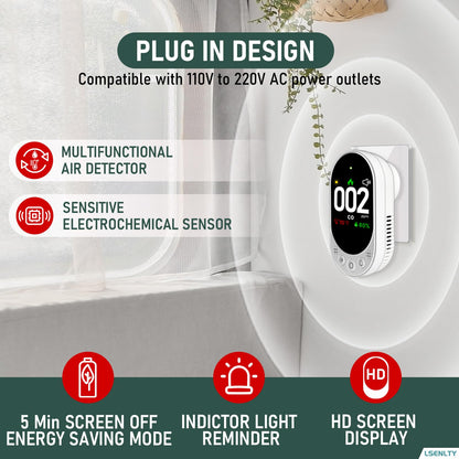 LSENLTY Carbon Monoxide Detector Plug in, Portable CO Monitor for Travel, Air Quality Detector Check CO, Temp and Humidity, HD Screen&Indicator, Visual&Audible Alert for Camping Travel