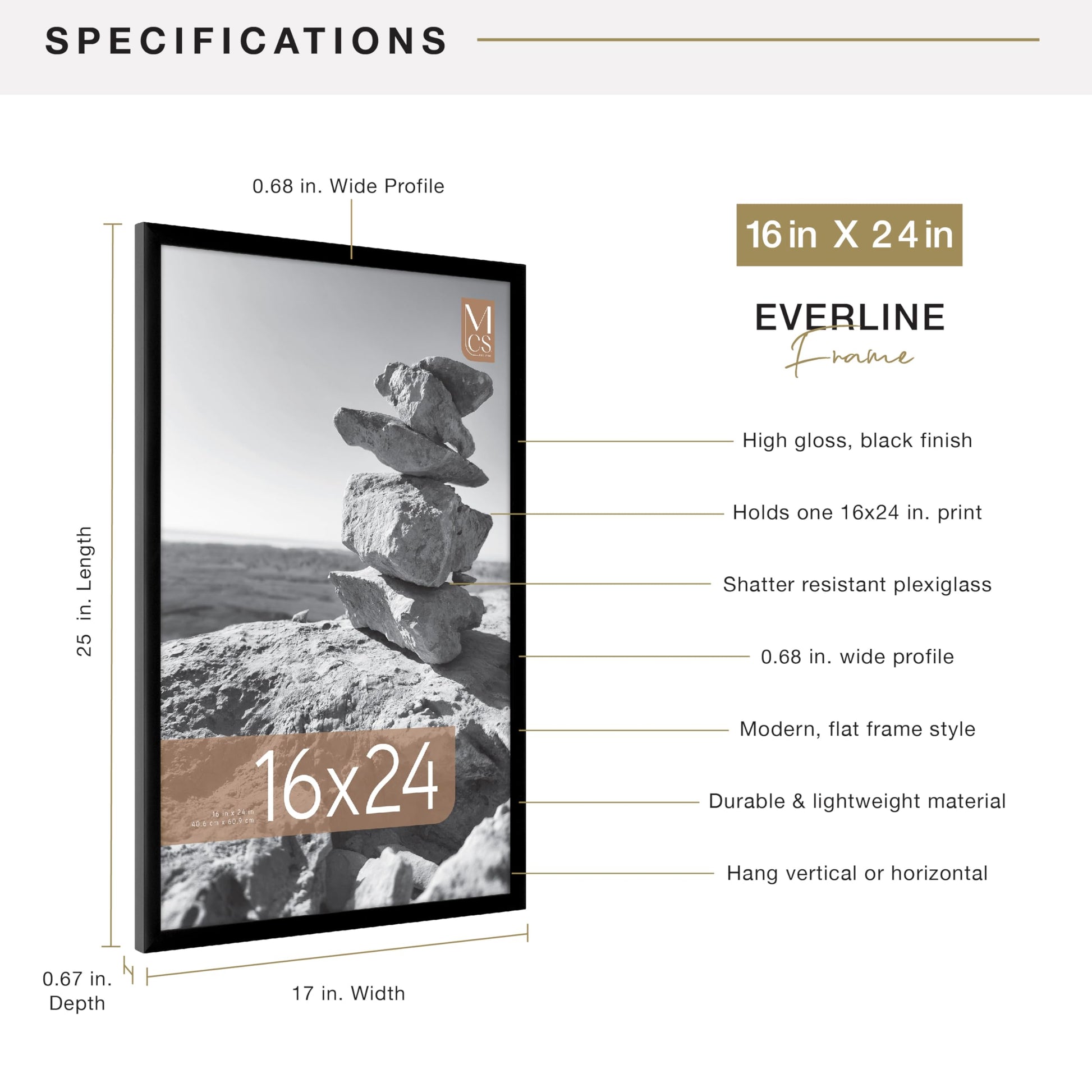MCS Everline Collection 16x24 Poster Frame Black, Vertical & Horizontal Wall Hanging Large Picture Frame for Photos, Posters & Art Prints (1-Pack) MCS