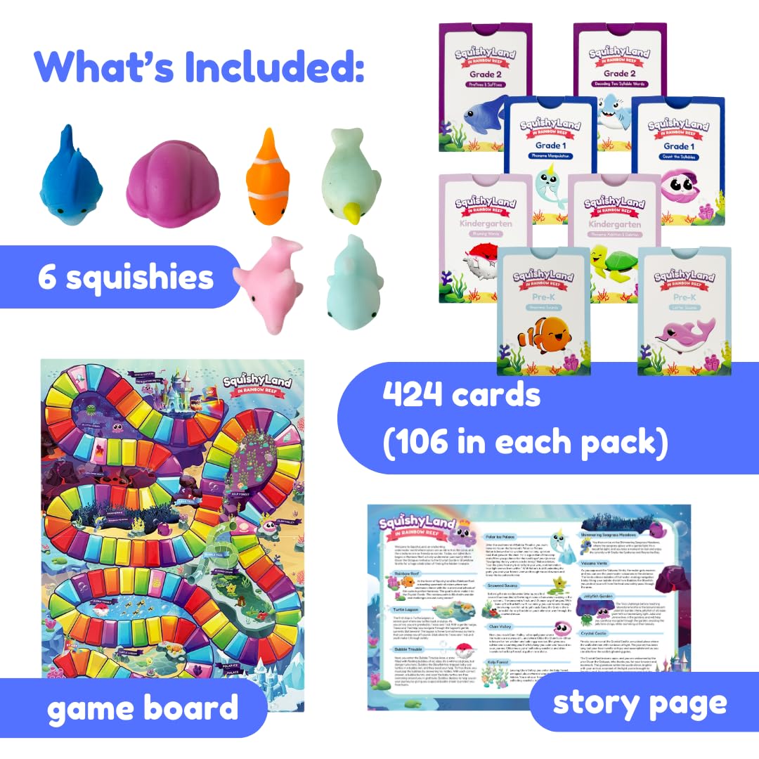 THE FIDGET GAME SquishyLand in Rainbow Reef - Educational & Phonics Learning Activities for Children in Pre-K to 2nd Grade - Mochi Squishy Toys Set with Board Game (2-6 Players) & Card Packs Included - Available at All In One Marketplace Canada