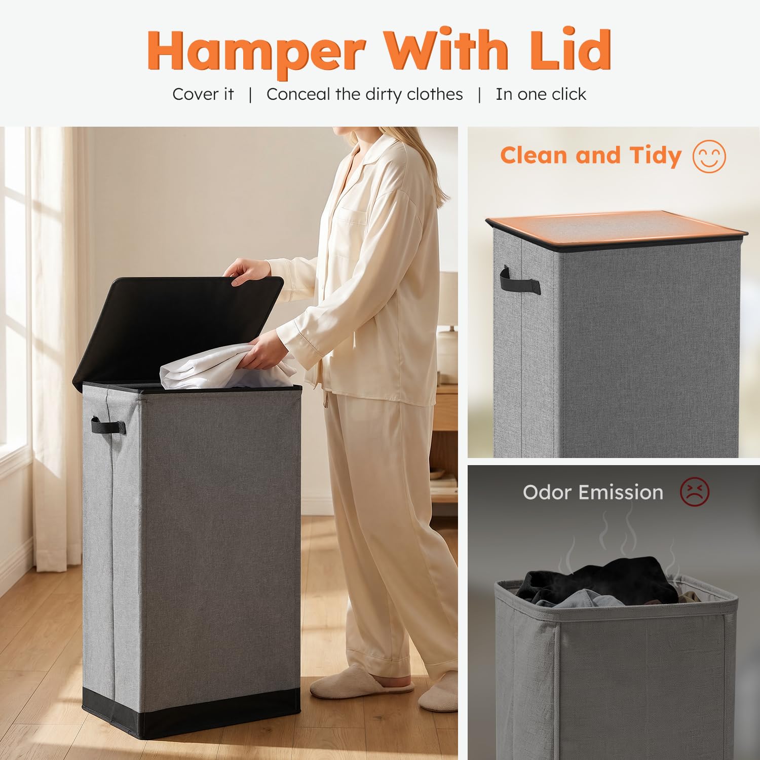 SOLEDI 100L Laundry Basket with Lid Large Laundry Hamper, Clothes Hamper with Laundry Bag Easy to Carry, Collapsible Storage Bins for Bedroom, Bathroom, Dorm, Apartment, College, Wardrobe, Grey