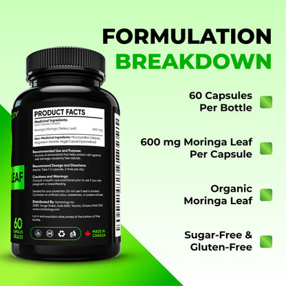Nutratology® Organic Moringa Leaf Capsules | 1200MG Per Serving | Canadian-Made | Provides Powerful Antioxidants - Protects Against Cell Damage, Supports Liver Detox & Gut Health - 120 Caps - Available at All In One Marketplace Canada