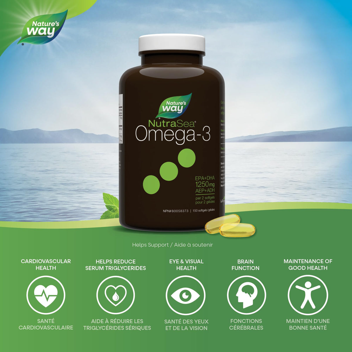 Nature's Way NutraSea Omega 3 Liquid Gels Supplement with Fish Oil – Fresh Mint Flavour – Heart & Brain Support for Adults and Kids Ages 6+ – EPA & DHA, 150 Softgels
