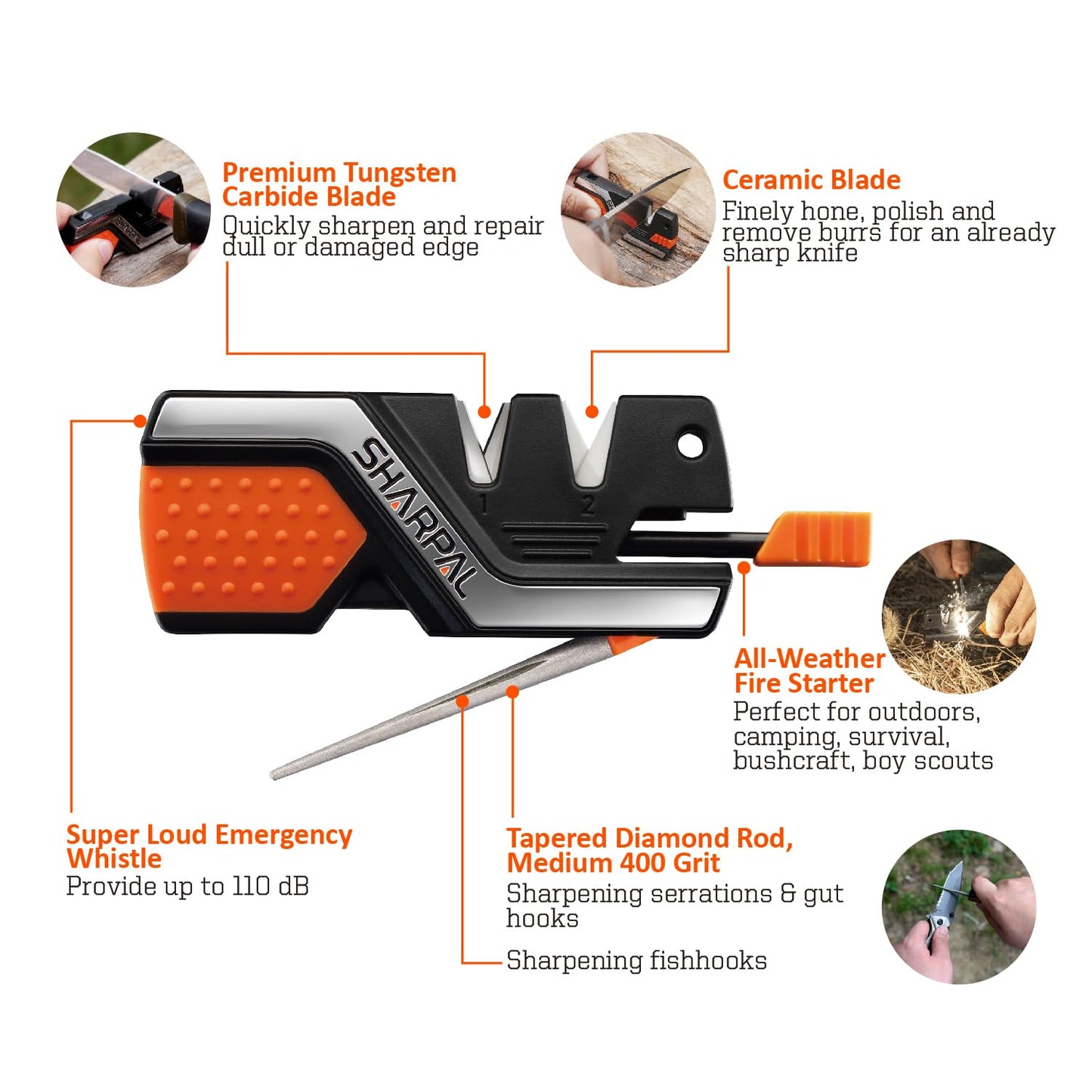SHARPAL 101N 6-in-1 Pocket Knife Sharpener & Survival Tool, with Fire Starter, Whistle & Diamond Sharpening Rod, Quickly Repair, Restore and Hone Straight and Serrated Blade