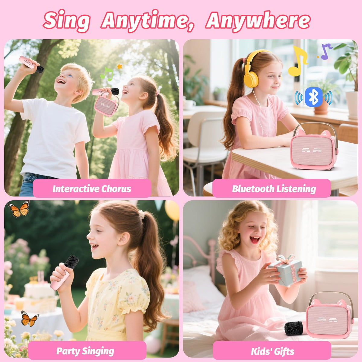 Mini Karaoke Machine Toys Gifts, Kids Portable Bluetooth Speaker with 2 Wireless Microphone and LED, Christmas Birthday Gift Idea for Girls Boys 3-12 + Year Old, Noisemaker Toys for Party (Pink) 🍁 All In One Marketplace Canada