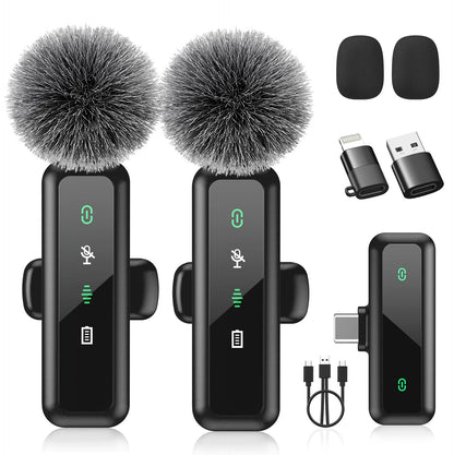 Wireless Lavalier Microphone for iPhone 15/16-2 Pack USB-C Mini Mic for iPhone, Android, iPad with Noise Cancelling & LED Display, Crystal Clear Recording for TikTok, YouTube, Podcast, Vlogging