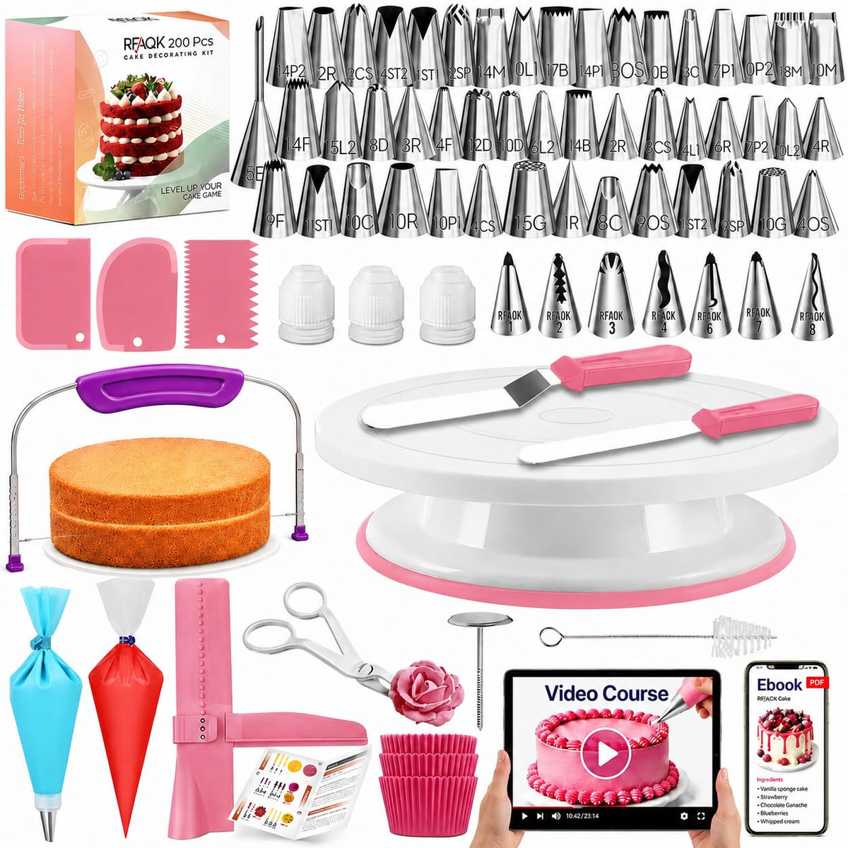 RFAQK 200 PCs Cake Decorating Kit with Cake Turntable-48 Numbered Easy to use Icing Tips-7 Korean Tips with Booklet & E.Book-Straight & Offset Spatula-Cake Leveler & Other Baking Supplies 🍁 All In One Marketplace Canada