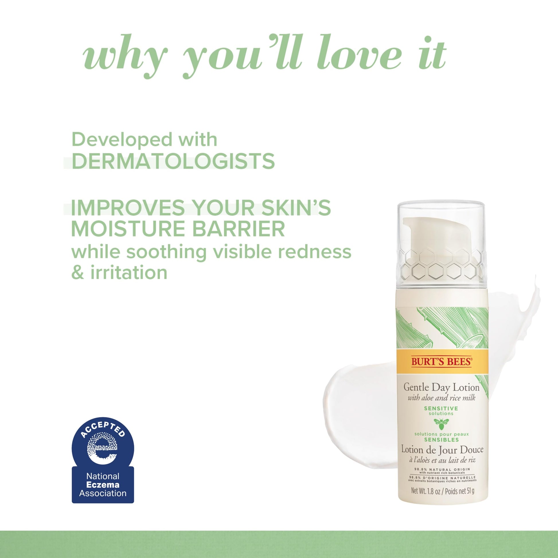Burt's Bees Sensitive Hydrating Gentle Daily Face Cream Moisturizer Face Lotion for Sensitive Skin with Aloe and Rice Milk, , Mother's Day Gift, 98.9% Natural Origin, Developed with Dermatologists, 51g Burt's Bees