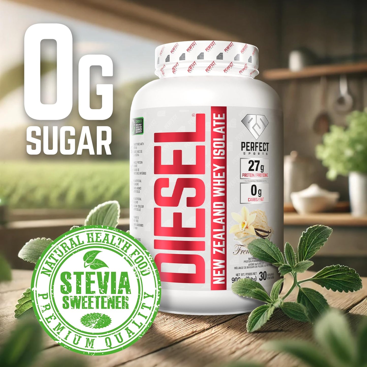 PERFECT SPORTS Diesel New Zealand Whey Isolate Protein Powder | 27g Grass Fed Protein, Zero Carbs & Fat | Keto Friendly, Naturally Flavoured, Gluten Free | 2LB (French Vanilla) - Available at All In One Marketplace Canada