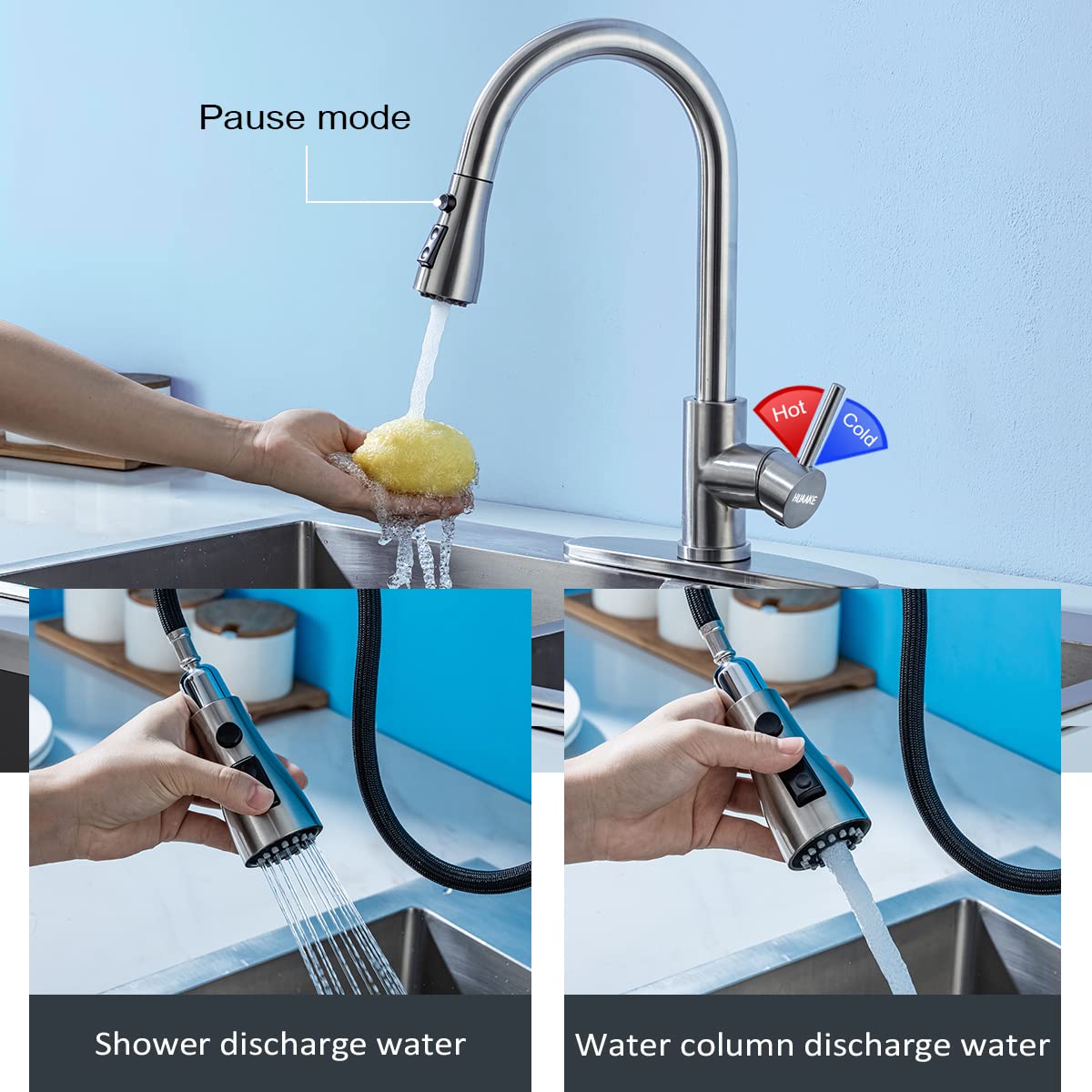 HUAAKE Kitchen Faucet with Pull Down Sprayer, Multi-Function Stainless Steel Single Handle High Arc Kitchen Sink Faucet, 360° Swivel Modern Commercial Kitchen tap with Deck Plate