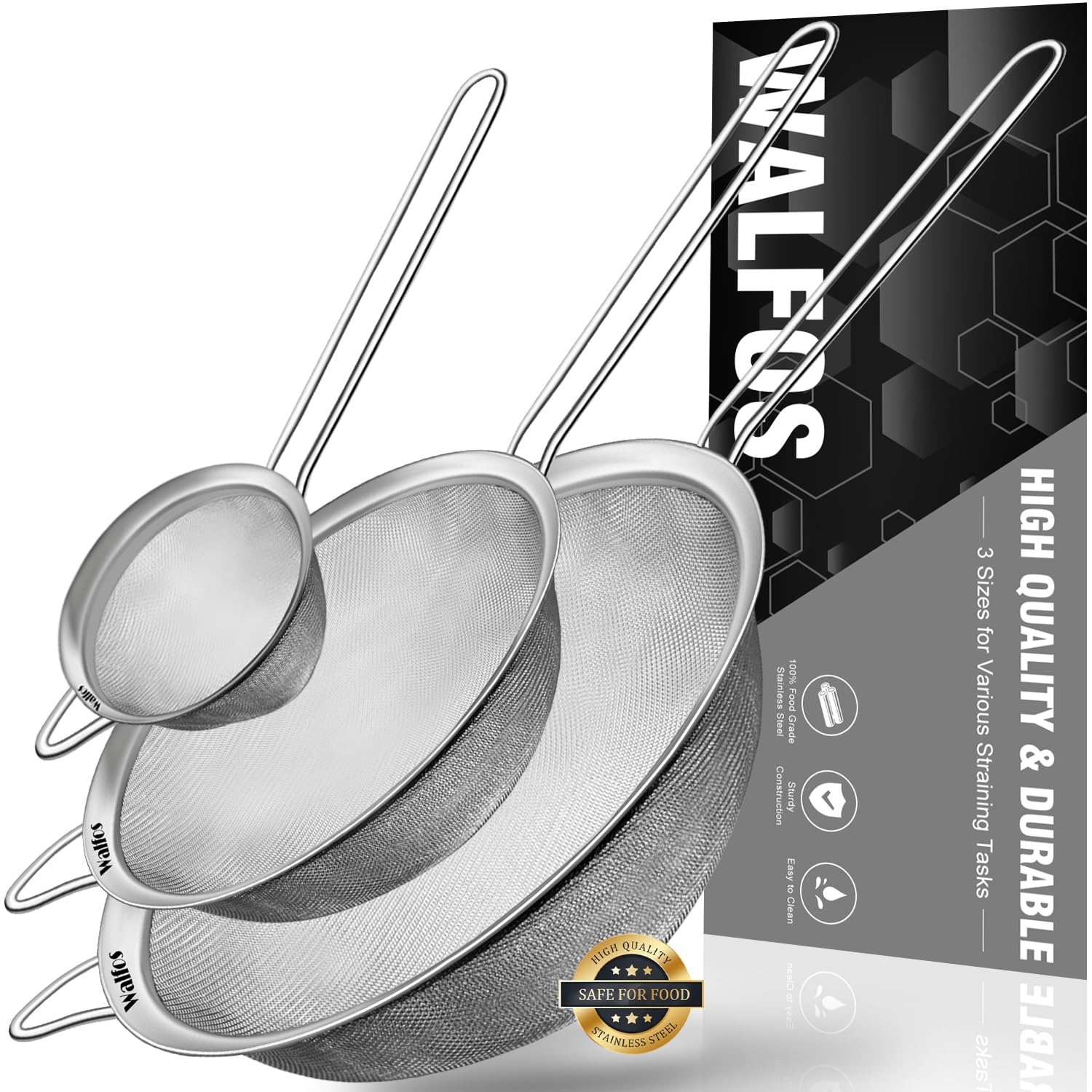 Walfos Fine Mesh Strainers Set, Premium Stainless Steel Sieve and Sifter with Sturdy Handle, Metal Kitchen Strainers Perfect for for Food, Rice, Quinoa, Fruit, Tea, Flour- 3 Sizes - Available at All In One Marketplace Canada
