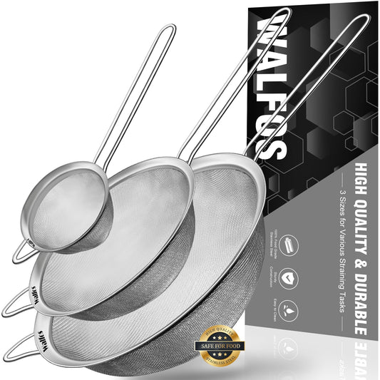 Walfos Fine Mesh Strainers Set, Premium Stainless Steel Sieve and Sifter with Sturdy Handle, Metal Kitchen Strainers Perfect for for Food, Rice, Quinoa, Fruit, Tea, Flour- 3 Sizes - Available at All In One Marketplace Canada