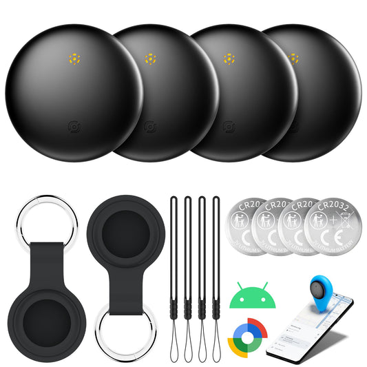 Air Tracker Tags for Android with Case- Bluetooth Tracker Item Finder for Key, Wallet, Luggage - Works with Google Find Hub, IP66 Waterproof, Smart Tag for Android & Samsung Phones (4 Black)