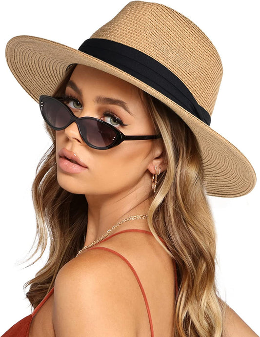 FURTALK Womens Mens Wide Brim Straw Panama Hat Fedora Summer Beach Sun Hat UPF Straw Hat for Women Khaki-Black