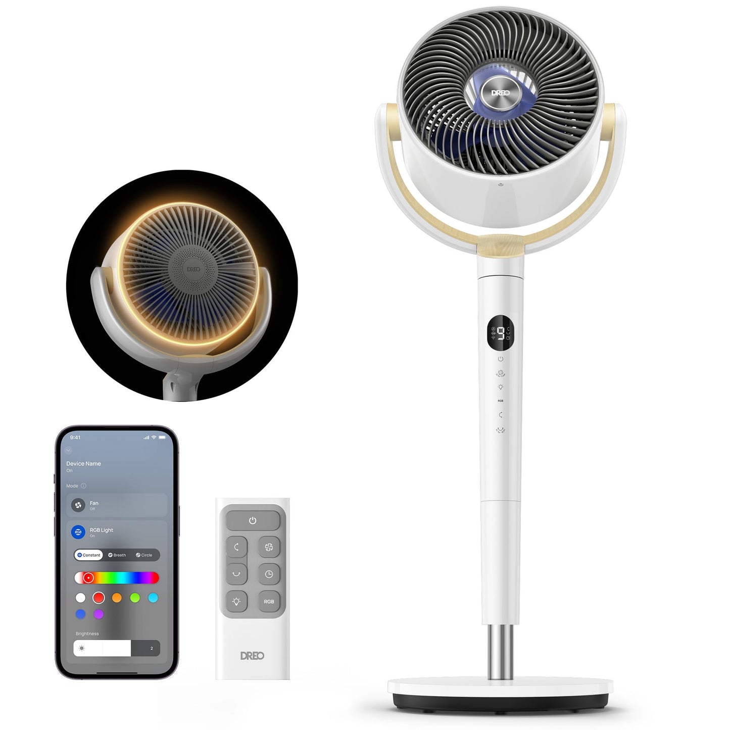 DREO Smart Fan for Bedroom, 120° +120° Omni-Directional Oscillating Fans, 90ft Quiet Pedestal Fan with RGB Light, 9 Speeds, 6 Modes, 20dB, 8H Timer, Wi-Fi/Voice/Alexa, 37-42" Floor Fans with Remote 🍁 All In One Marketplace Canada