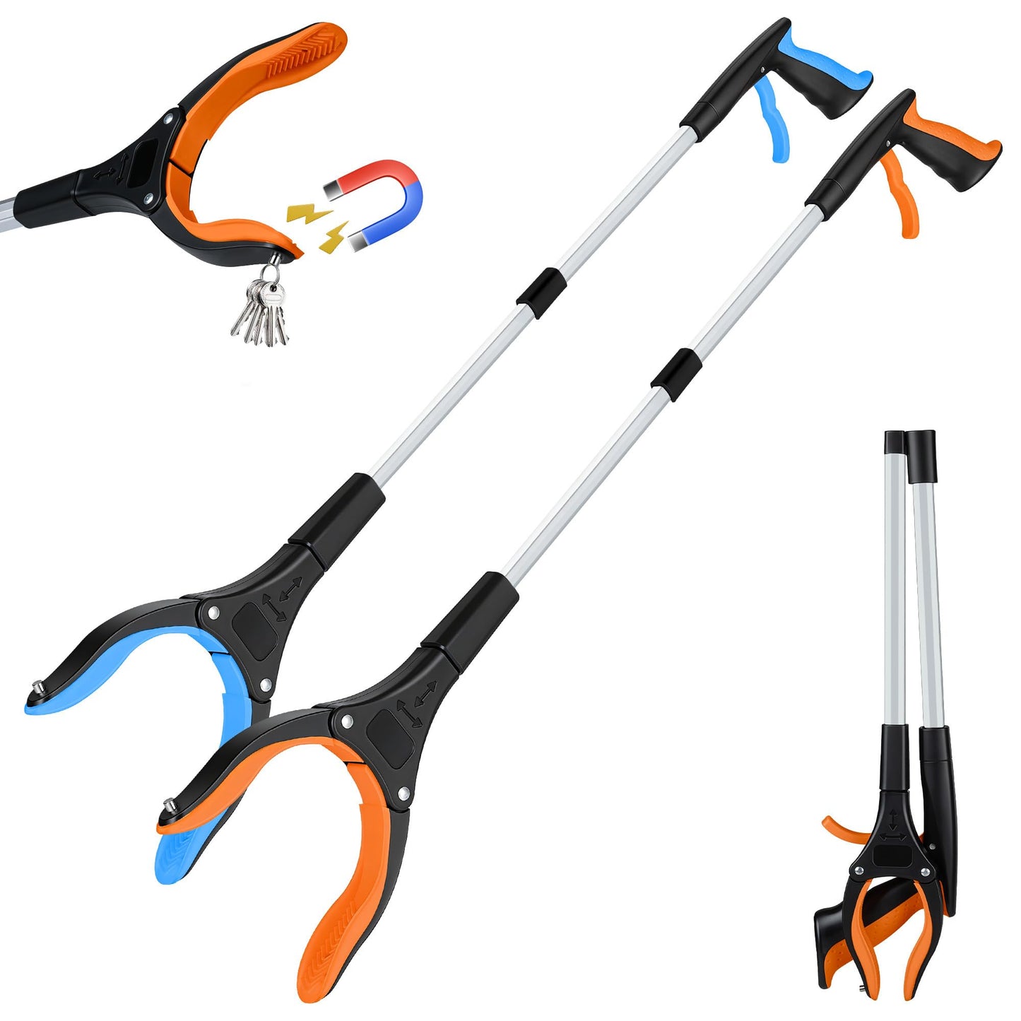 bemece 2-pack Grabber Reacher Tool, 32.68’’ (83cm) Garbage Picker Grabber, Foldable Magnetic Reacher Grabber for Seniors Adults - Blue & Orange - Available at All In One Marketplace Canada