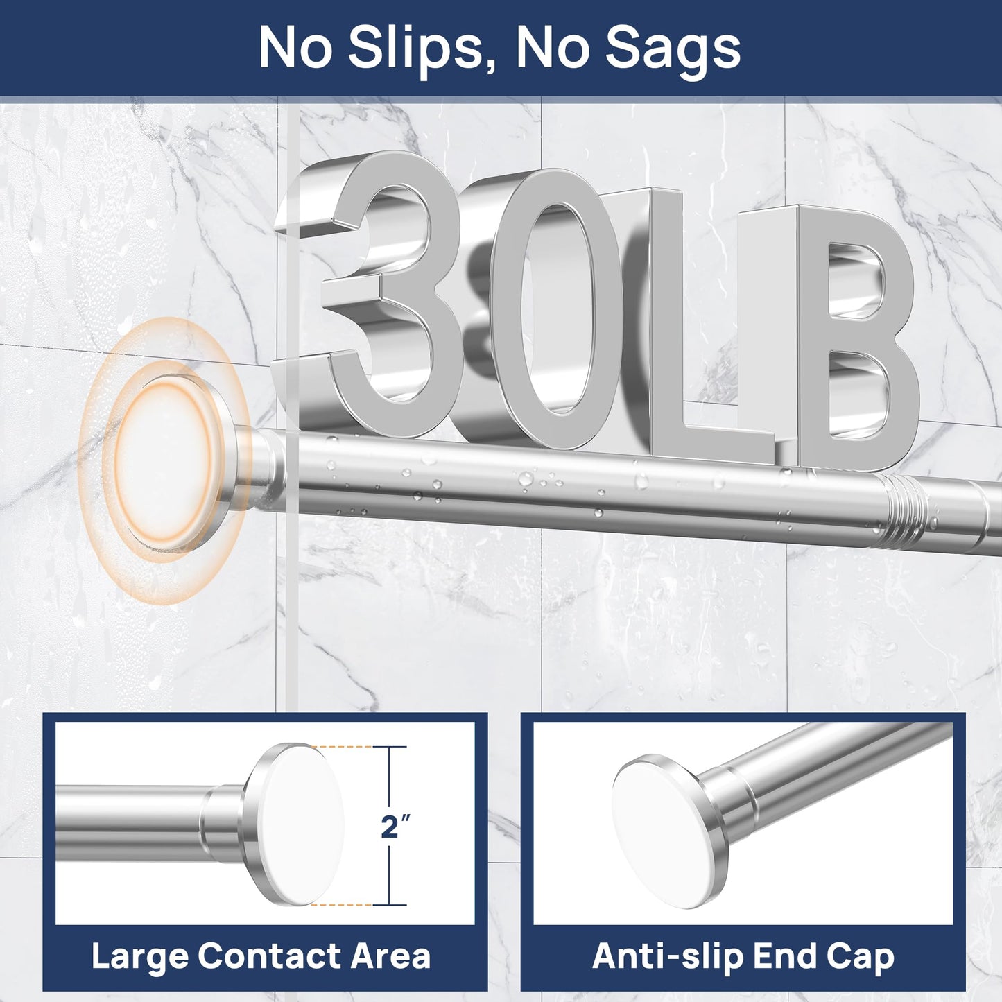 Shower Curtain Rod 30 to 76 Inches, 1 Inch Adjustable Spring Tension Stainless Steel Shower Rod No Drill for Bathroom, Closet, Window, Room Divider, Never Rust, Non Slip, Chrome