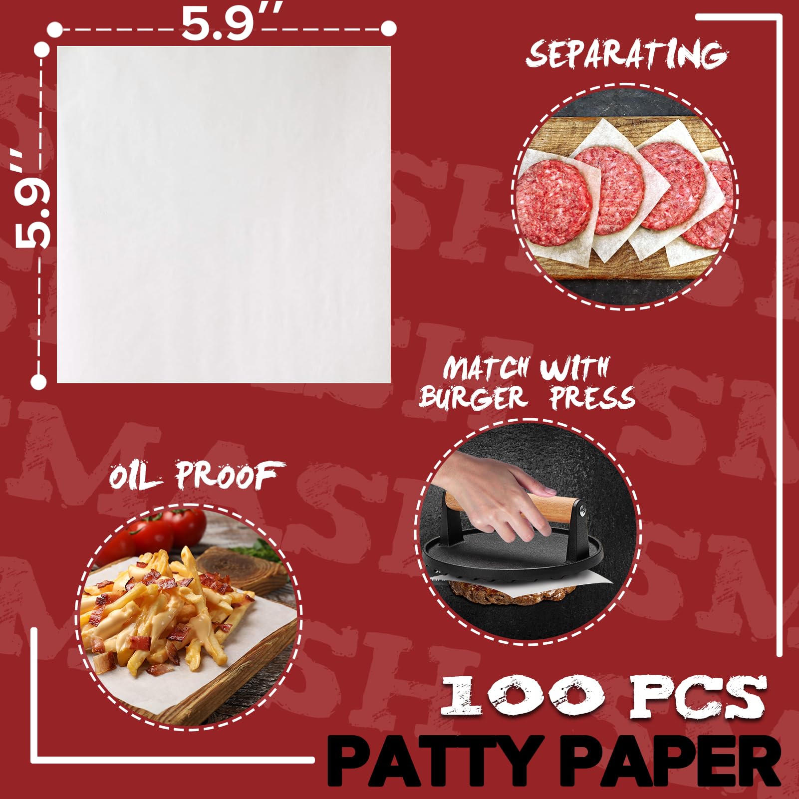 Grilliance 5pcs Smash Burger Press Kit, 3 in 1 Hamburger Press Patty Maker, Cast Iron Burger Press Round & Rectangle, 100pcs Wax Paper for Grill, Griddle, Flat top, Kitchen, Cooking - Available at All In One Marketplace Canada