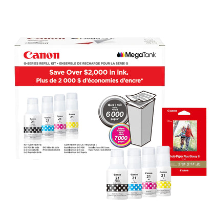 Canon Genuine Ink Cartridges GI-21 Series (Black, Cyan, Magenta & Yellow), Value Pack (4-Count) with PP-301 4" x 6" Photo Paper Plus Glossy II, Printer Ink for PIXMA G4280 / G3290 / G4270 Printers 🍁 All In One Marketplace Canada Canon