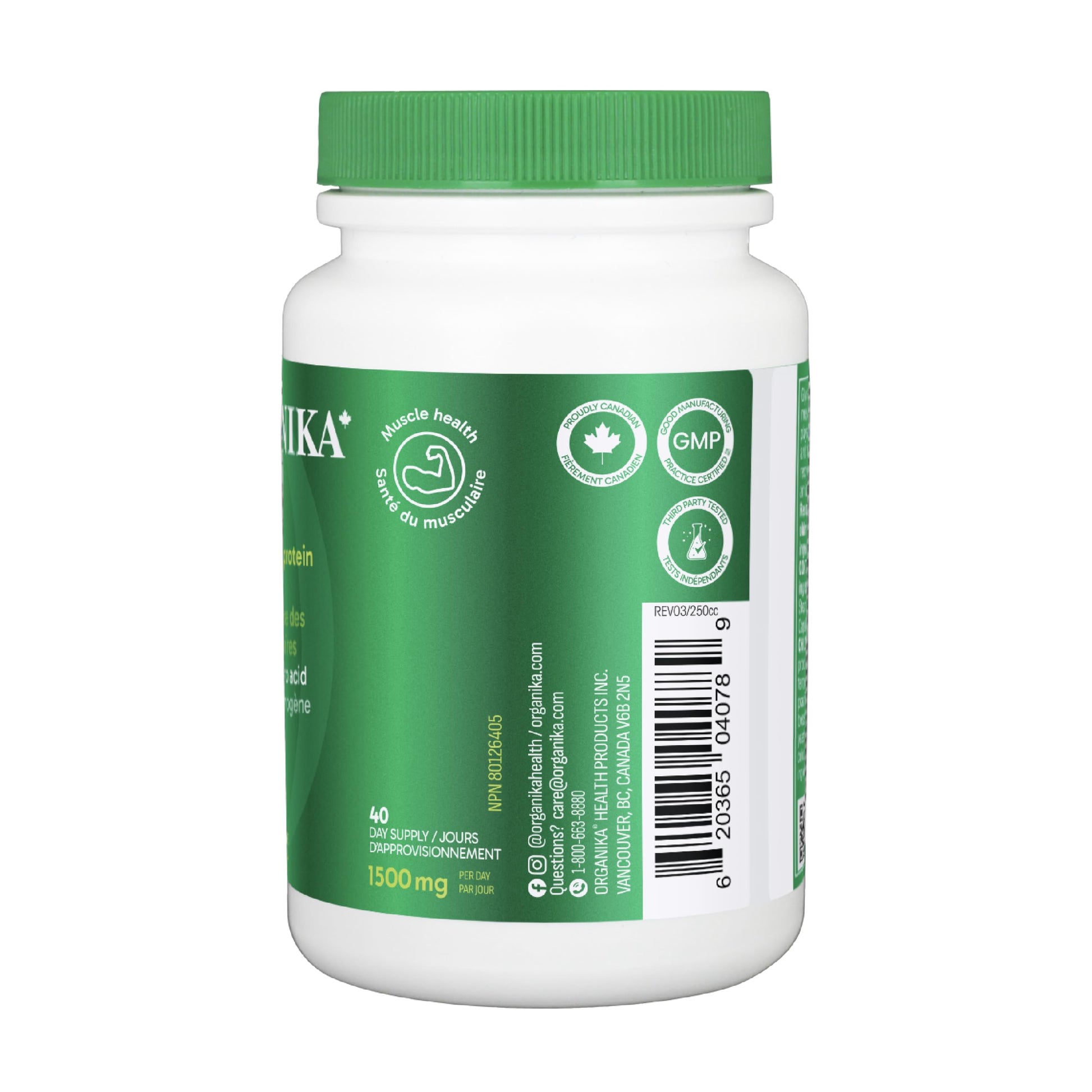 Organika Canadian-Made Glycine - Proteinogenic Amino Acid - Aids Protein Synthesis, Collagen Formation, Joint and Muscle Health, Calming Effect - 120caps