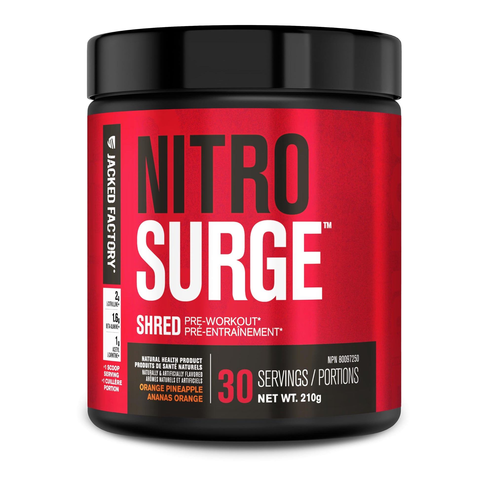 NITROSURGE Shred Thermogenic Pre Workout Supplement - Energy Booster, Instant Strength Gains, Sharp Focus, Powerful Pumps - Nitric Oxide Booster & PreWorkout Powder - 30Sv, Orange Pineapple - Available at All In One Marketplace Canada
