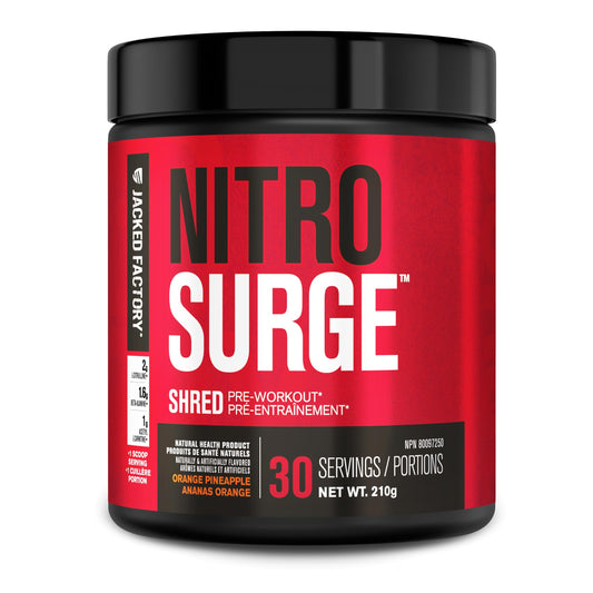 NITROSURGE Shred Thermogenic Pre Workout Supplement - Energy Booster, Instant Strength Gains, Sharp Focus, Powerful Pumps - Nitric Oxide Booster & PreWorkout Powder - 30Sv, Orange Pineapple - Available at All In One Marketplace Canada