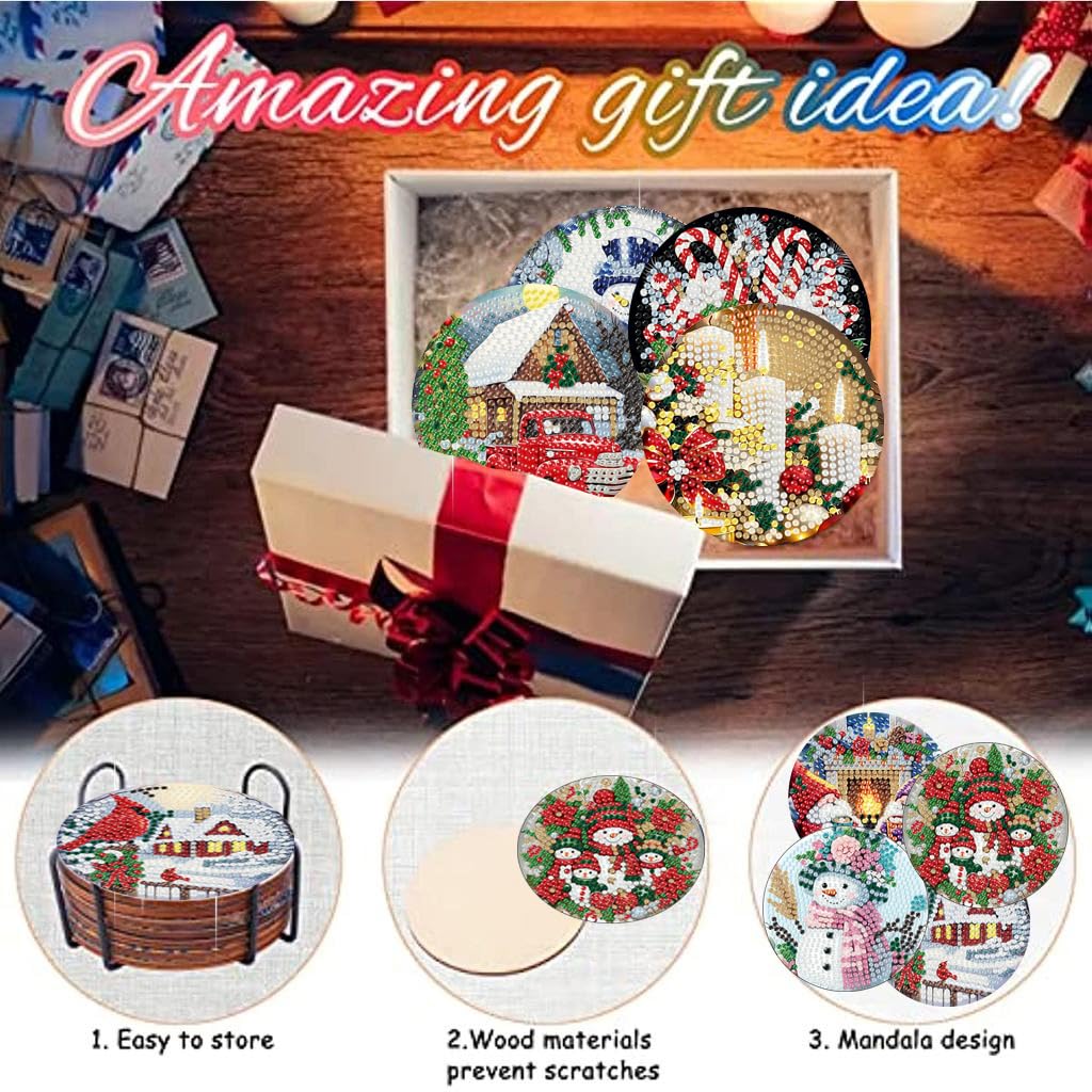 8 Pcs Christmas Diamond Art Coasters Kits for Adults with Holder Cork Pads 🍁 All In One Marketplace Canada