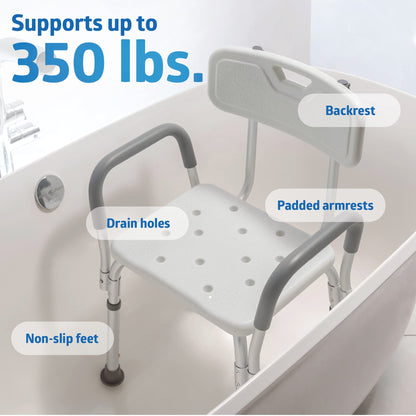 Medline Shower Chair with Backrest and Padded Armrests, 350lb Capacity