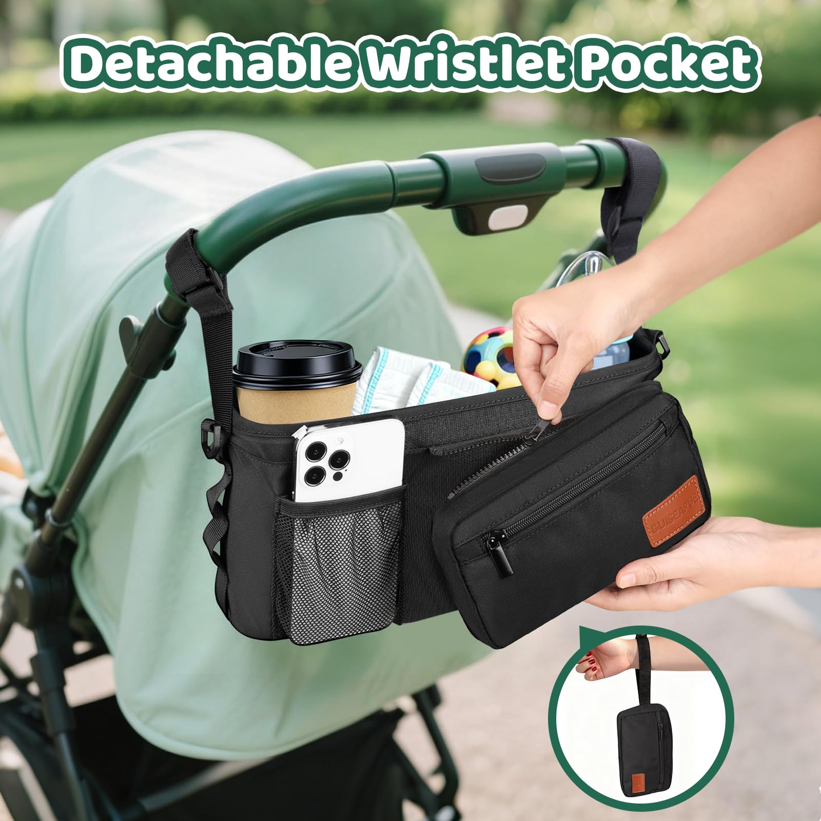 Stroller Caddy with Cup Holder: Universal Stroller Organizer with Detachable Phone Bag, Non-Slip Straps, Stroller Accessories Fits Uppababy,Bugaboo, Graco, Cybex, Nuna, Baby Jogger, Gifts for New Mom - Available at All In One Marketplace Canada