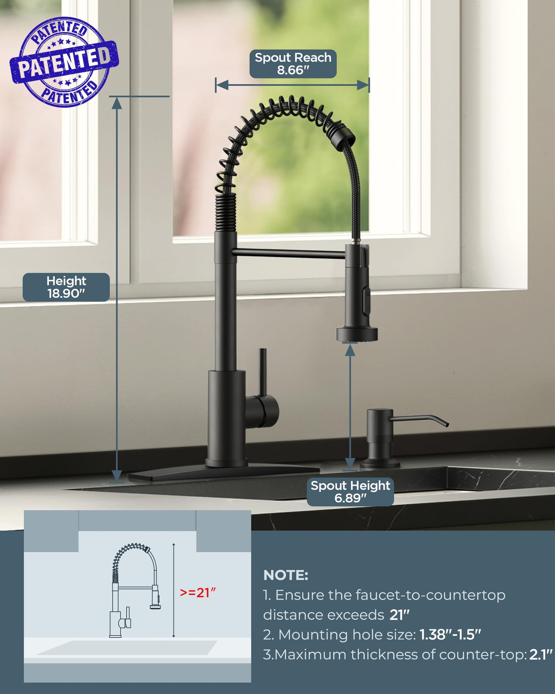 FORIOUS Black Kitchen Faucet with Pull Down Sprayer, Stainless Steel Single Handle Spring Classic Sink Faucets 1 or 3 Hole, for Farmhouse Camper Laundry Rv Bar, Matte Black