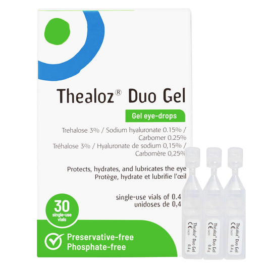 Thealoz Duo Gel - Clinically Proven Hydration for Dry Eyes w/Hyaluronic Acid & Trehalose, Lubricating Gel-Persistent Dryness, Stabilizes Tear Film for 6 Hrs-Contact Lens Wearers-Single-Use 30 Vials - Available at All In One Marketplace Canada
