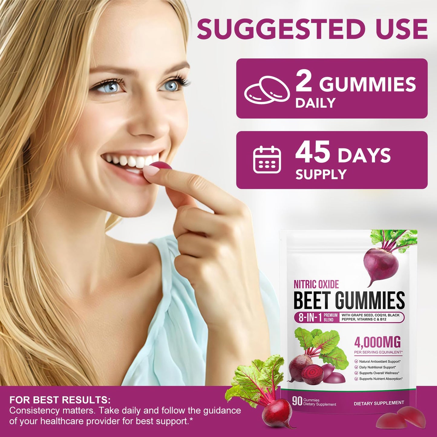 Beetroot Gummies, 90 Count - Non-GMO Beet Root Supplement for Healthy Circulation & Energy - Natural Vegan Fruit Flavor - Available at All In One Marketplace Canada
