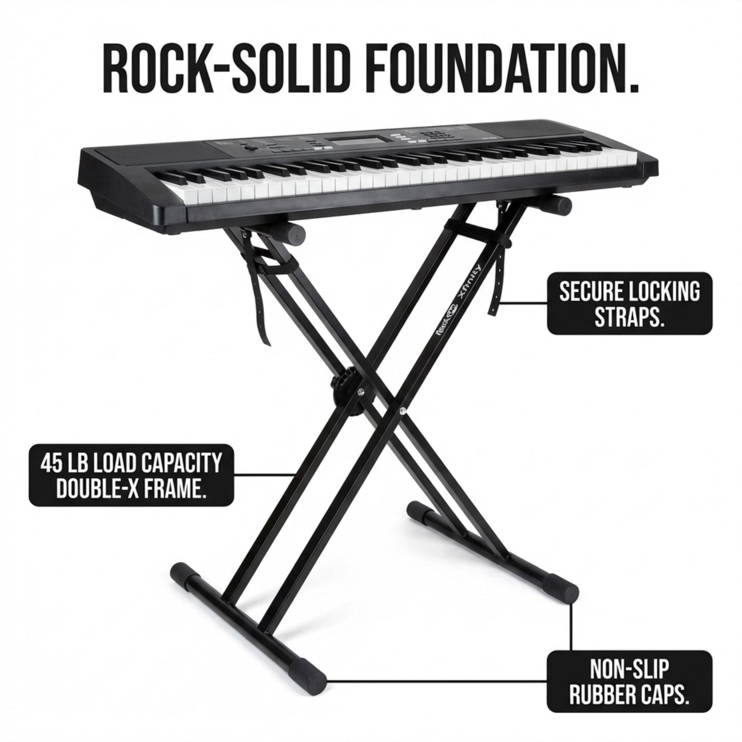 RockJam Xfinity Heavy-Duty, Double-X, Pre-Assembled, Infinitely Adjustable Piano Keyboard Stand with Locking Straps