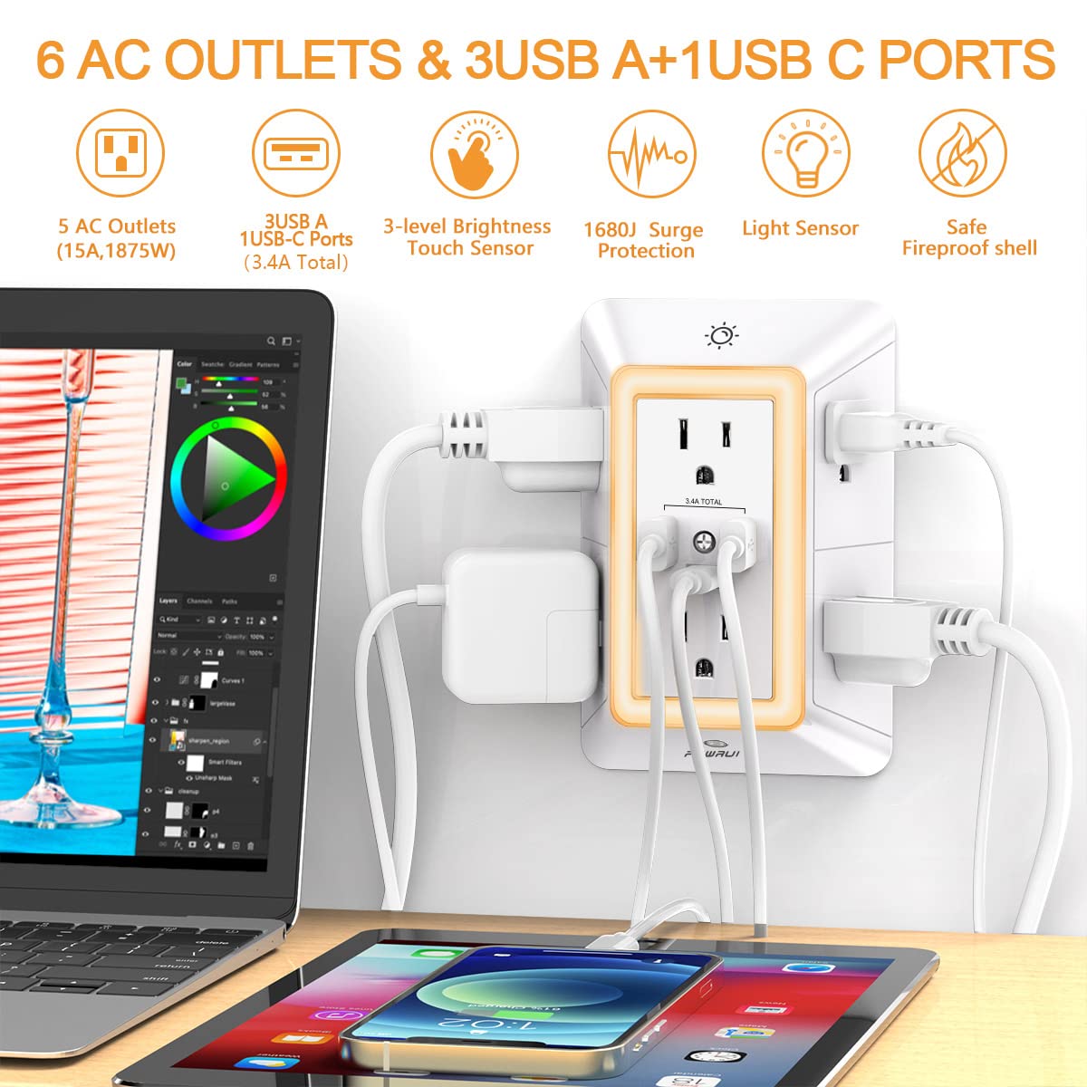 3-Sided Power Bars with Surge Protector, POWRUI 6-Outlet Extender with 3 USB Ports (1 USB C) and Night Light, Multi Plug Outlet and Spaced Outlets Adapter, ETL, White - Available at All In One Marketplace Canada