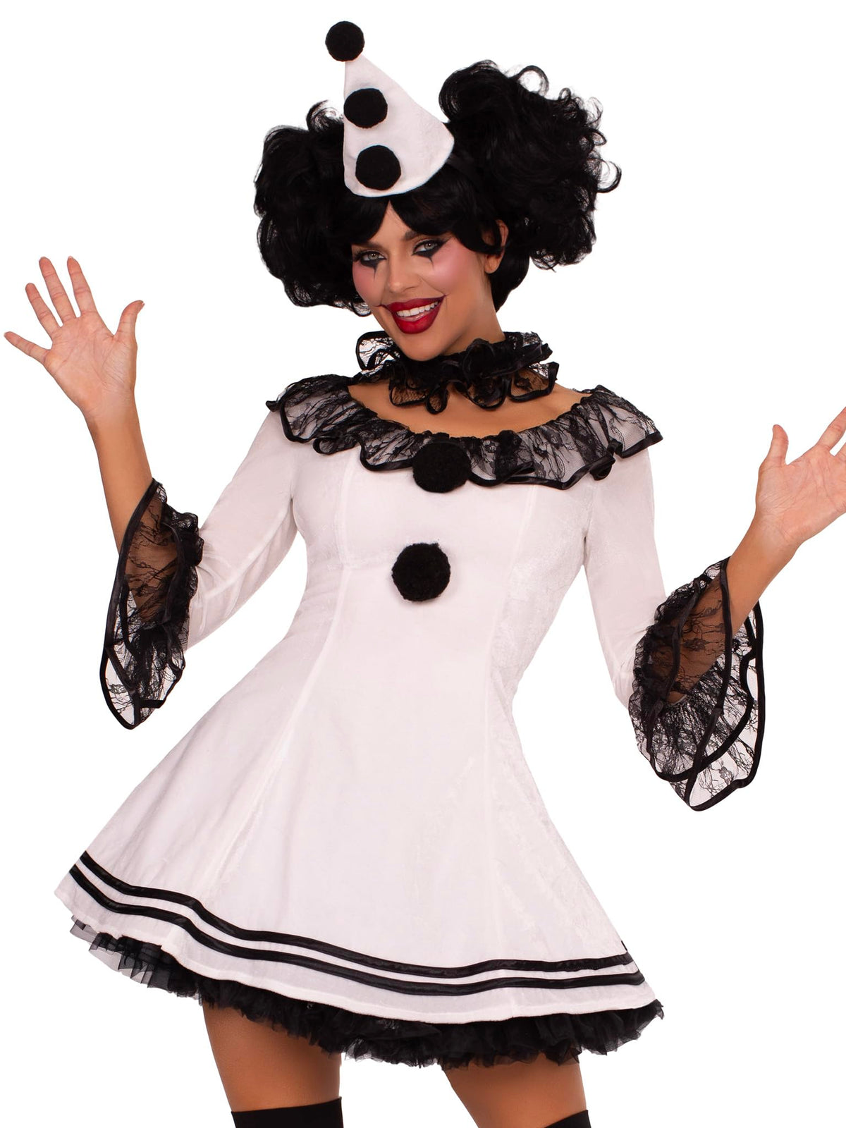 Leg Avenue Women's 3 Pc Pierrot Clown Halloween Costume, White/Black, Medium/Large