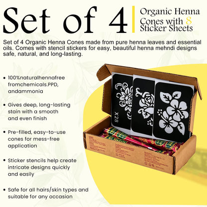 4 Pack Natural Mehendi Cone Henna Paste Temporary Tattoo Paste with 8pcs Tattoo Stencils| Each cone 25 grams | Indian Body Art Painting Drawing Tattoos Freckles (Reddish Brown Color)