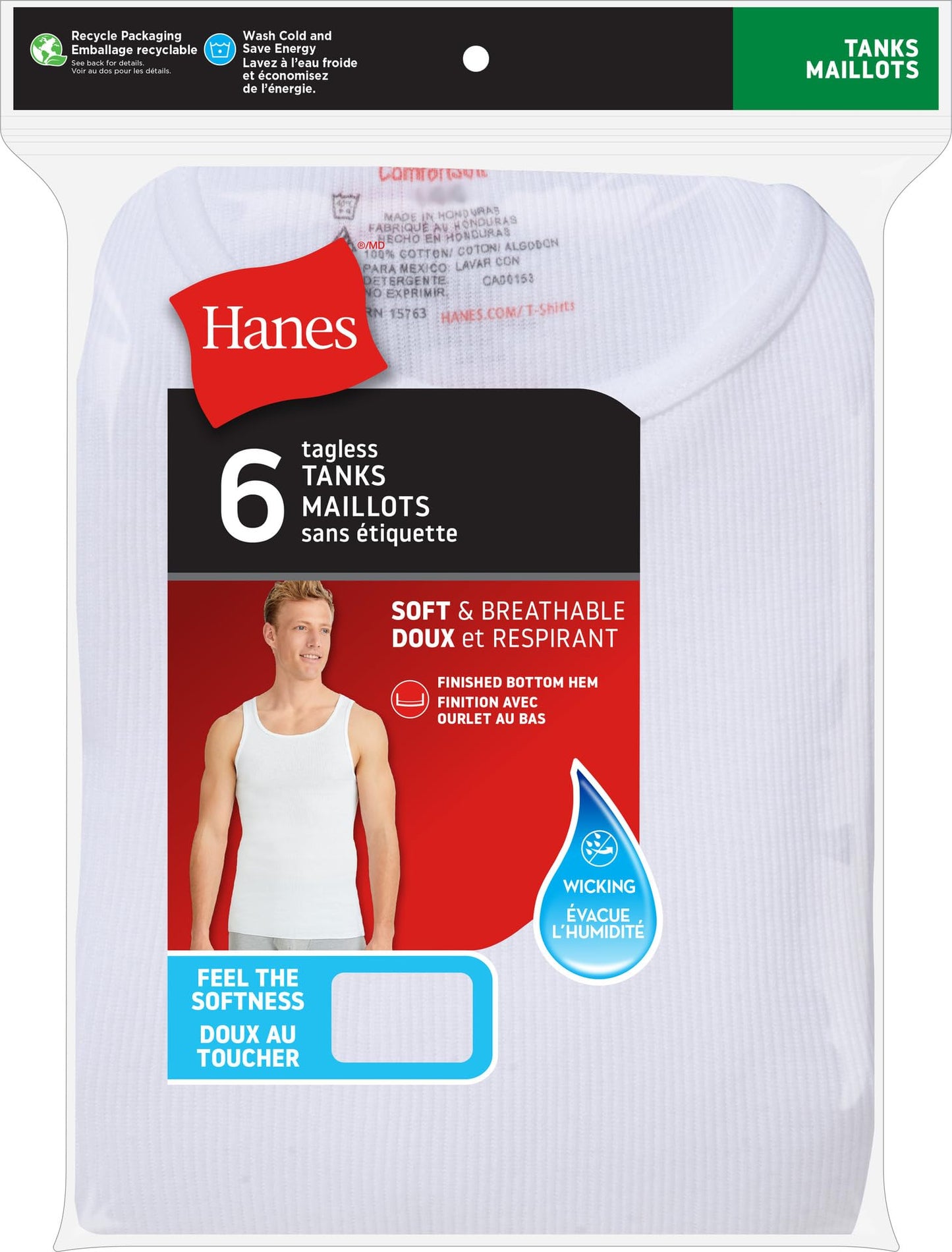 Débardeurs sans étiquette Hanes ComfortSoft pour hommes, paquet de 6, blancs, taille 3XL (US)