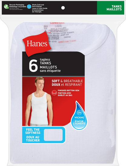 Débardeurs sans étiquette Hanes ComfortSoft pour hommes, paquet de 6, blancs, taille 3XL (US)
