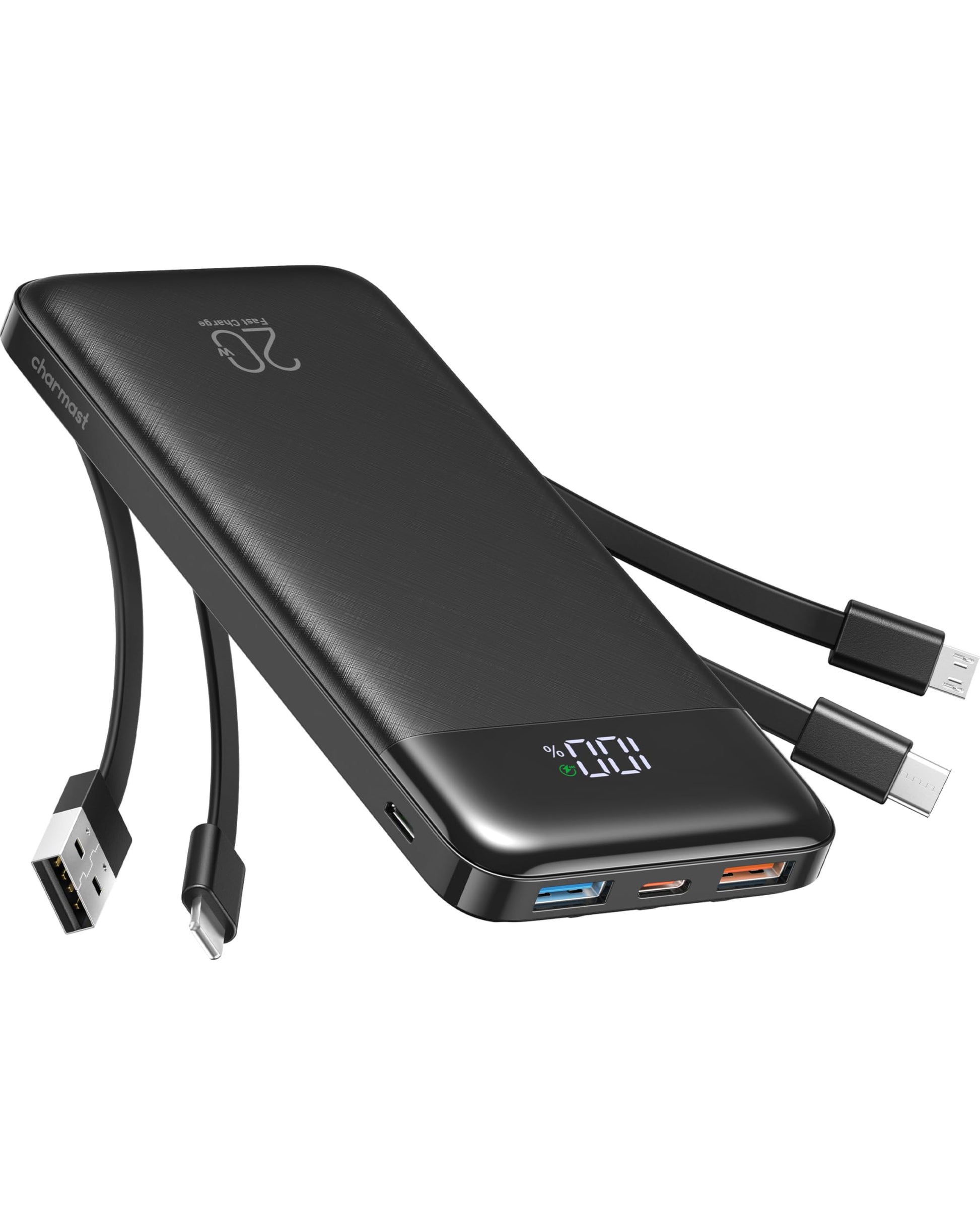 Charmast Power Bank with Built in Cables, 20000mAh USB C Battery Pack 5 Outputs 4 Inputs with LED Display Type C Powerbank,22.5W Fast Charging Portable Charger Compatible with Smartphones and More - Available at All In One Marketplace Canada