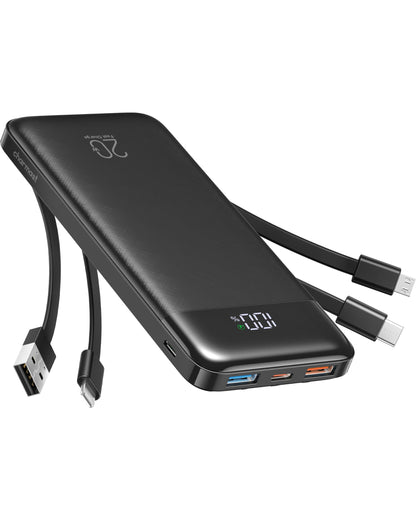 Charmast Power Bank with Built in Cables, 20000mAh USB C Battery Pack 5 Outputs 4 Inputs with LED Display Type C Powerbank,22.5W Fast Charging Portable Charger Compatible with Smartphones and More - Available at All In One Marketplace Canada