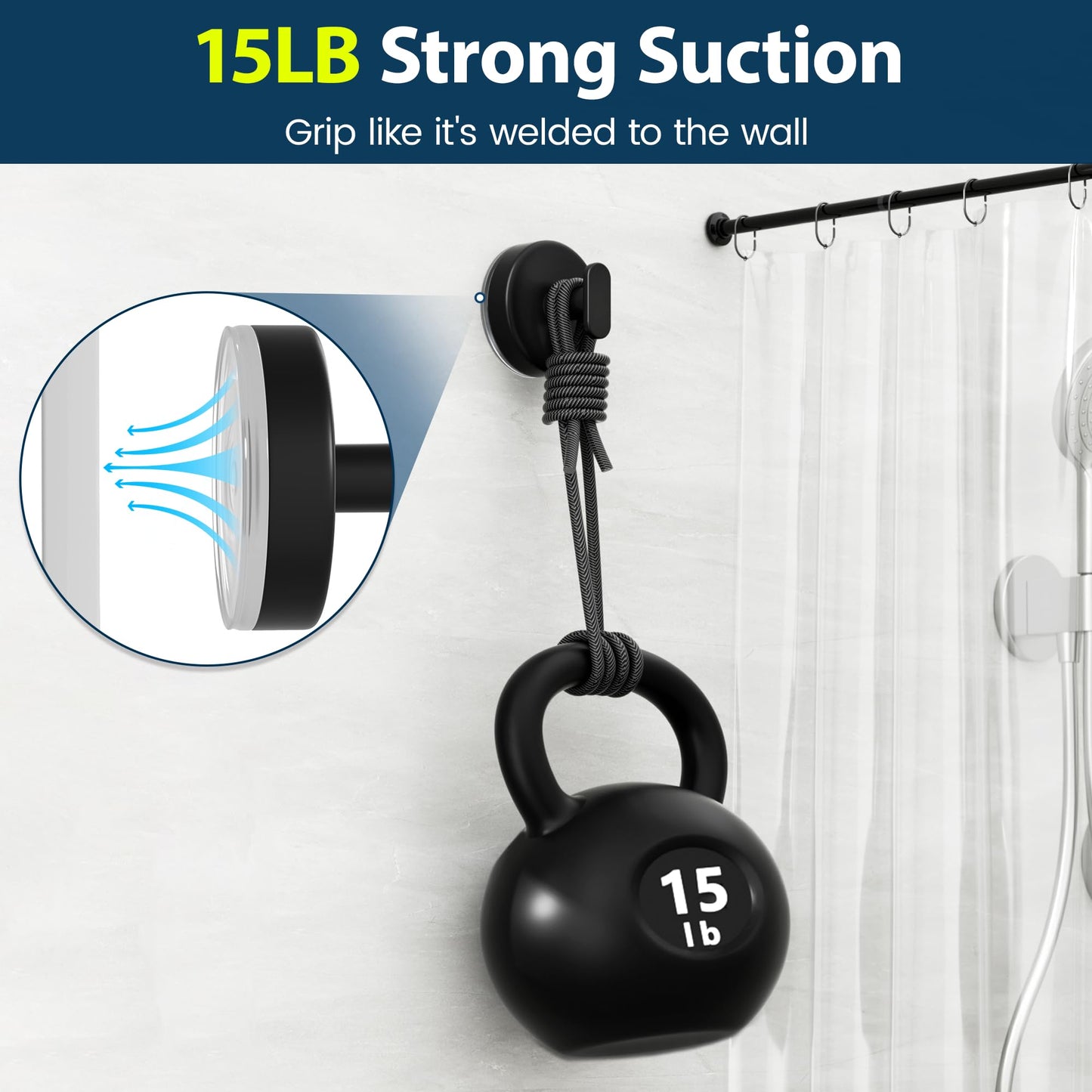Suction Cup Hooks for Shower: 15 LB Strong Wall Hanger for Bathroom, Front Door, Glass, Window, RV, Holder for Towel, Christmas Wreath, Coat, Loofah, Waterproof & Reusable, Matt Black 4 Pack - Available at All In One Marketplace Canada