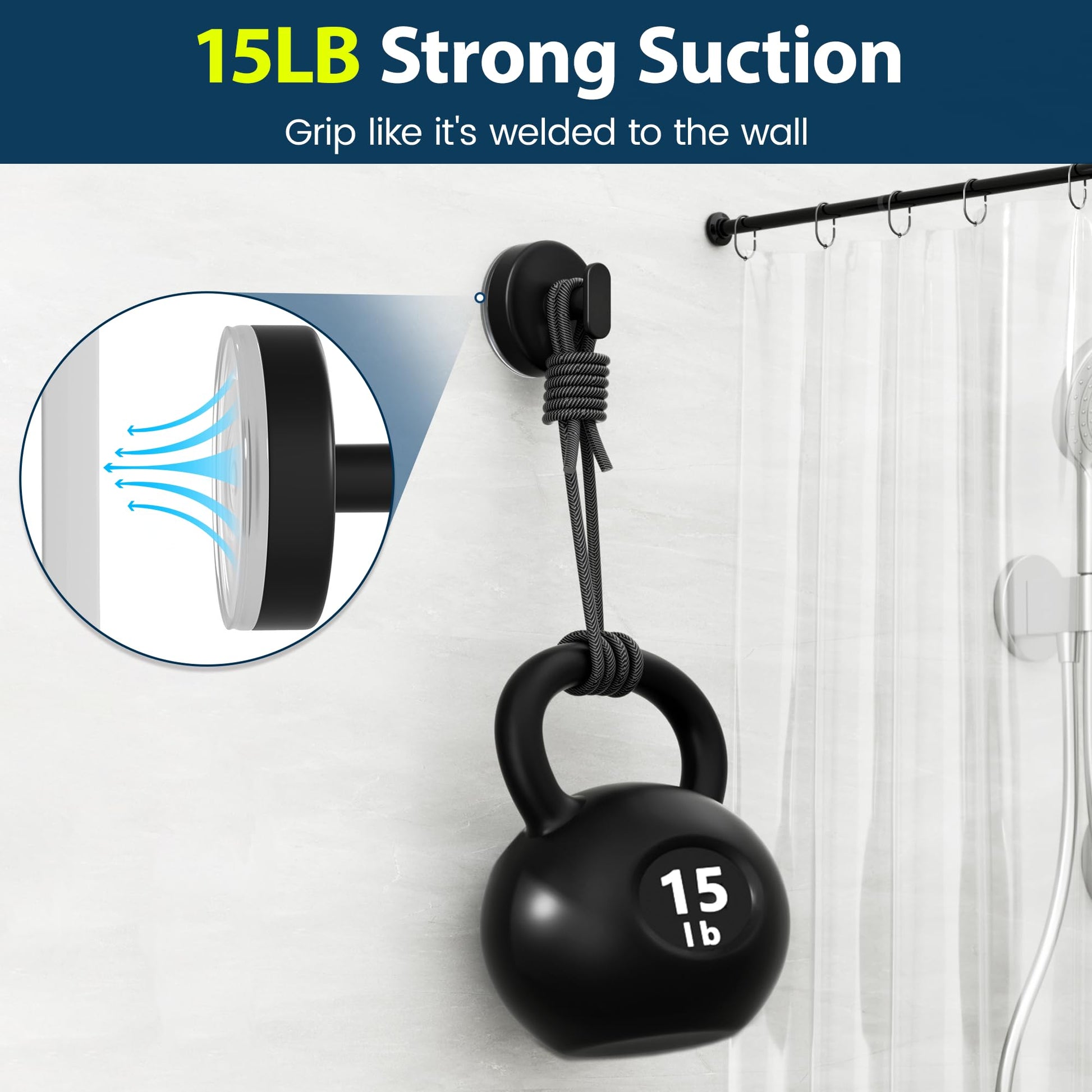Suction Cup Hooks for Shower: 15 LB Strong Wall Hanger for Bathroom, Front Door, Glass, Window, RV, Holder for Towel, Christmas Wreath, Coat, Loofah, Waterproof & Reusable, Matt Black 4 Pack - Available at All In One Marketplace Canada